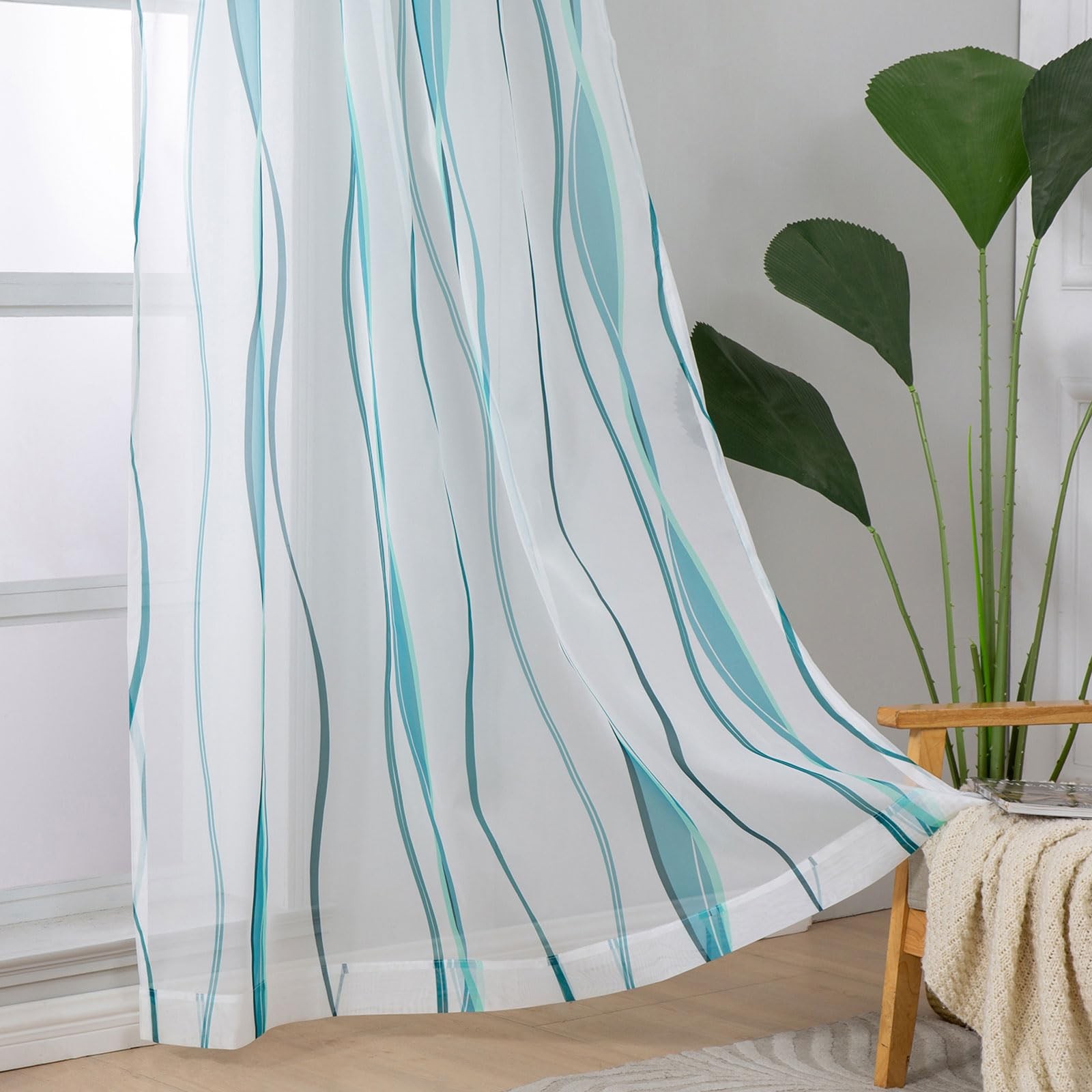 White and Teal Sheer Curtains 96 Inch Long 2 Panels Set for Living Room, Voil…