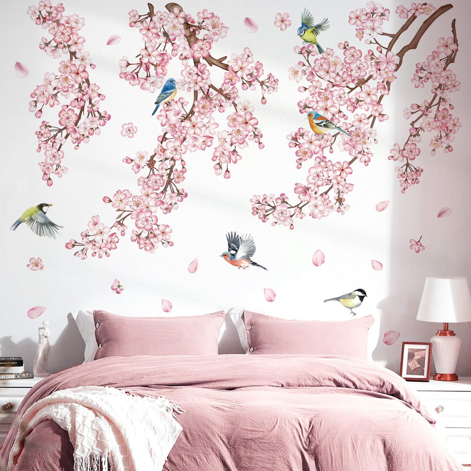 decalmile Large Cherry Blossom Tree Branch Wall Decals Pink Flower Vine