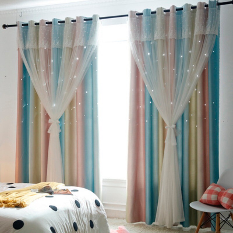 1PC French Mesh Rainbow Curtain Star Hollow Home Living Room Study Window Drapes