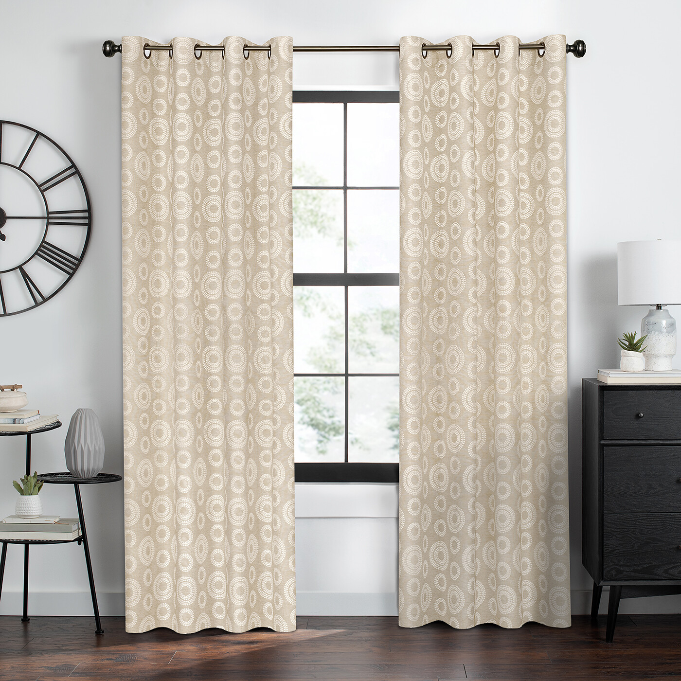 Contemporary Woven Jacquard Geometric White Accent Circles, Grommet Panels, Tan