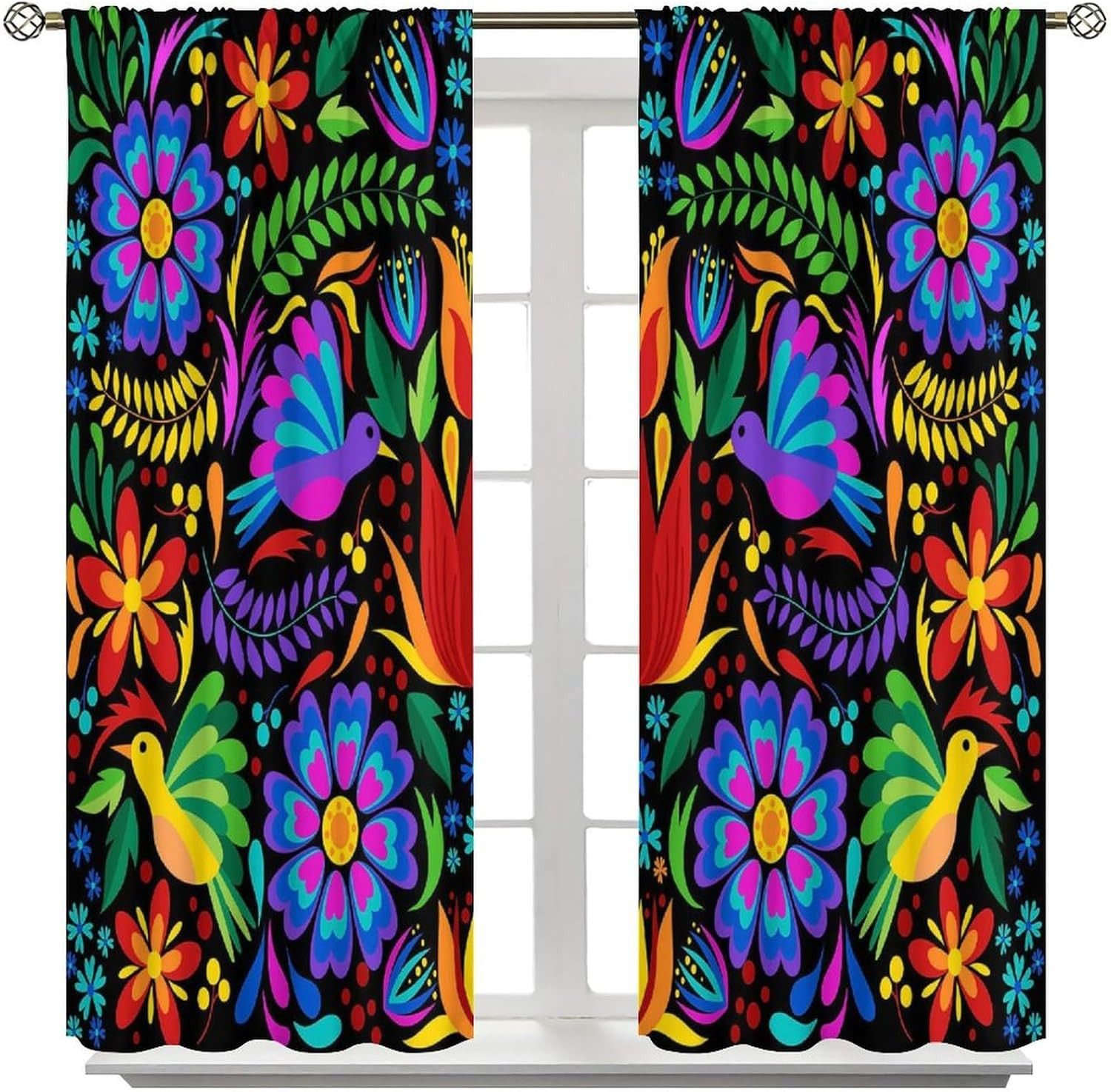 Mexican Blackout Window Curtain Birds Colorful Flowers Mexican Embroidery Style