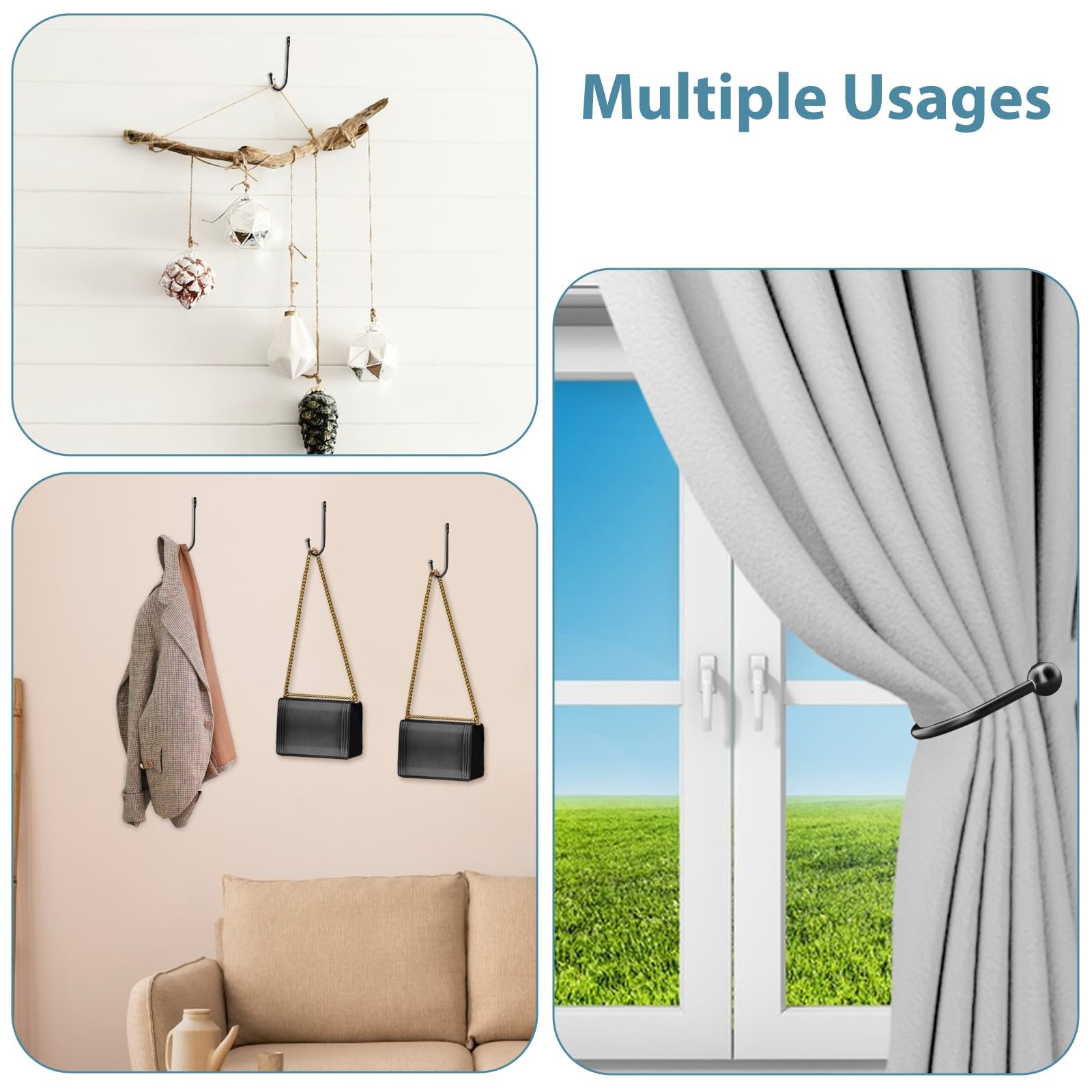 8 Pcs Black Metal U Shaped Curtain Pull Backs – Wall Mounted Curtain Hooks with