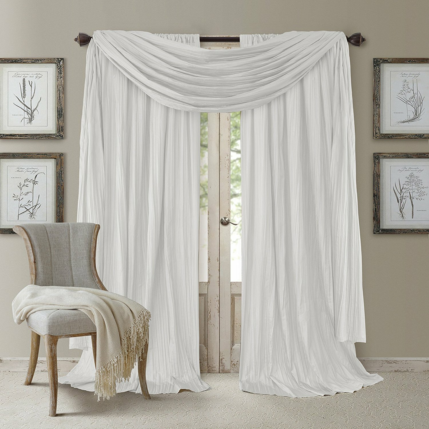 Set 2 Solid White Faux Silk Curtains Panels Drapes Pair WITH SCARF 84 95 108 in
