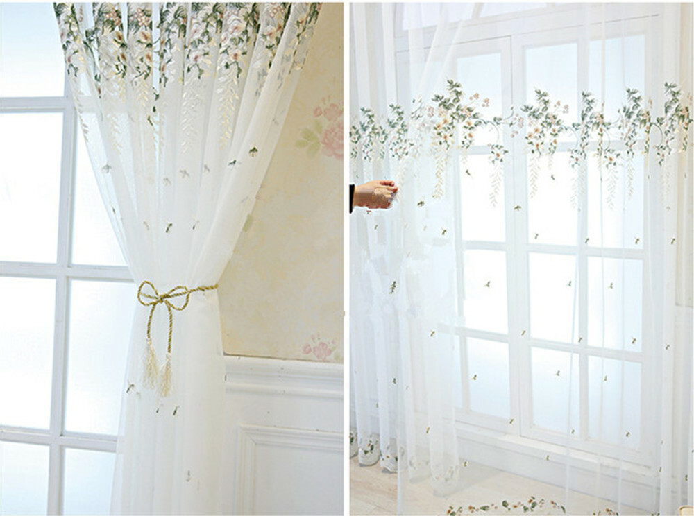 Floral Embroidered Sheer Curtain Elegant Tulle Voile Window Treatment 1 Piece