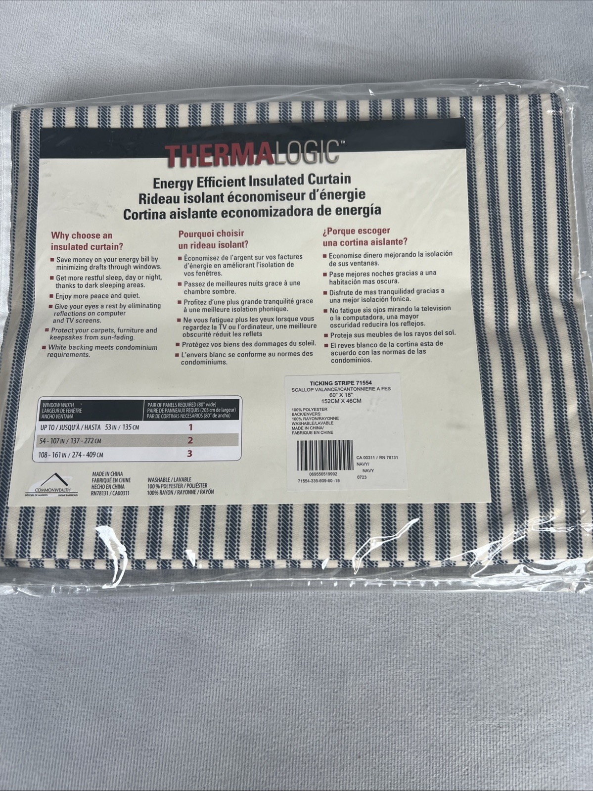 Thermalogic Insulated Ticking Stripe Scallop Top Valance Navy 60″ x 18″ Poly