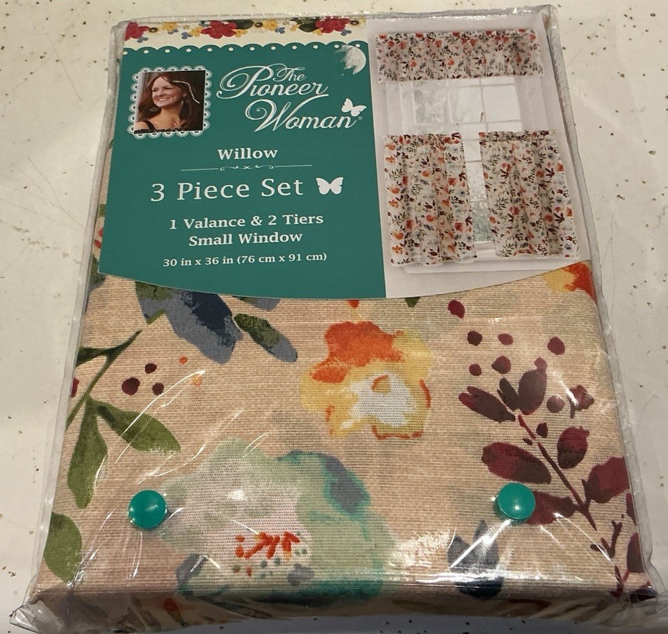 Pioneer Woman Willow 3 Piece Curtain Valance Set Small Window Kitchen 30×36 New
