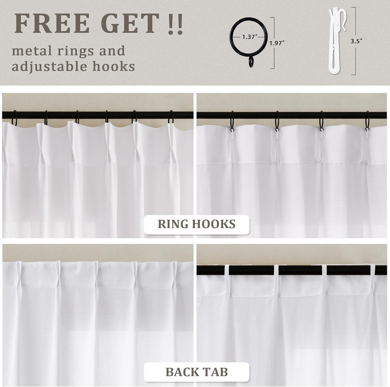 Extra Wide 96″ Pleated White Linen Curtains for Patio Sliding Door