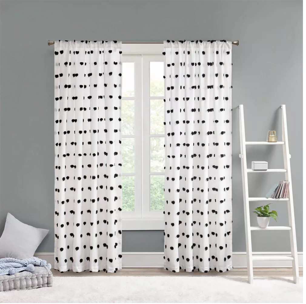 WHITE AND BLACK Pom Pom Embellished Window Panel 50″X84″