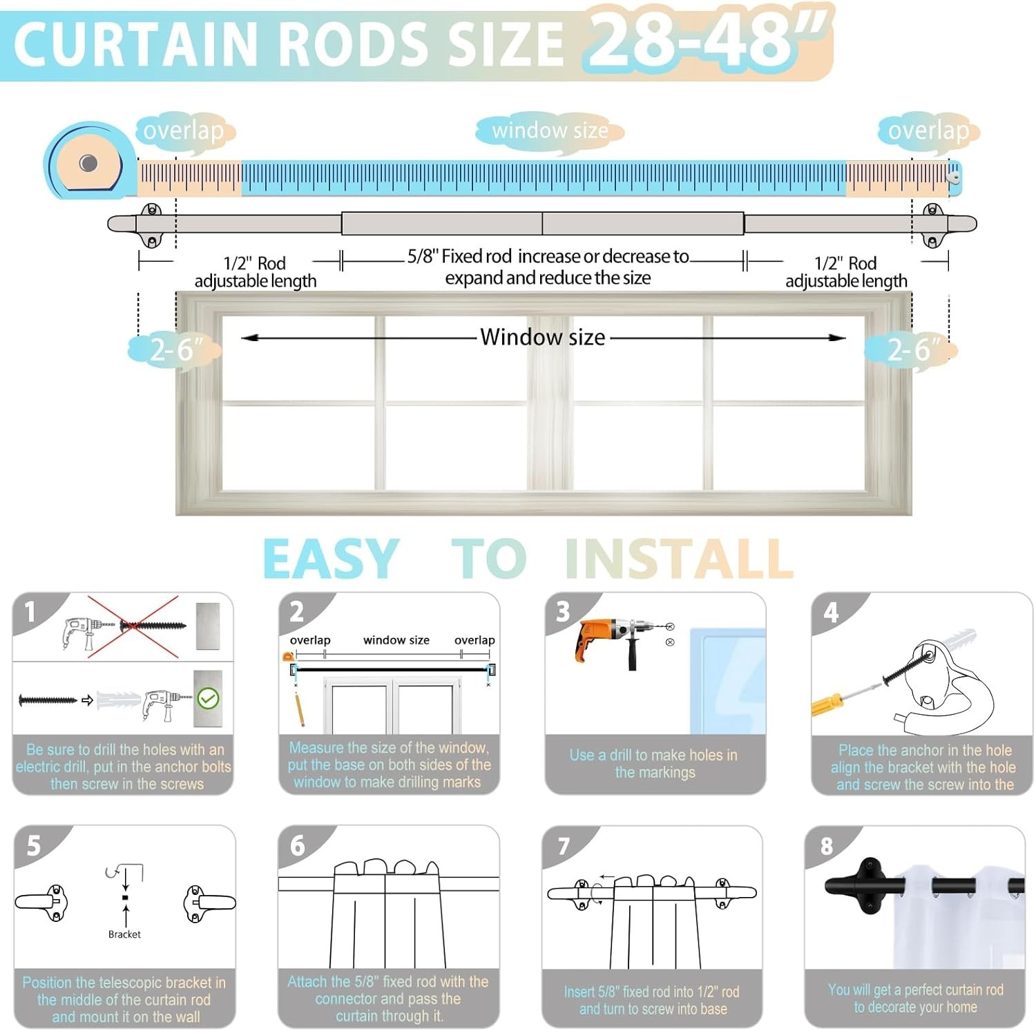Wrap Around Curtain Rods,Black Curtain Rods 28 to 48 Inch,5/8 Inch Adjustable…