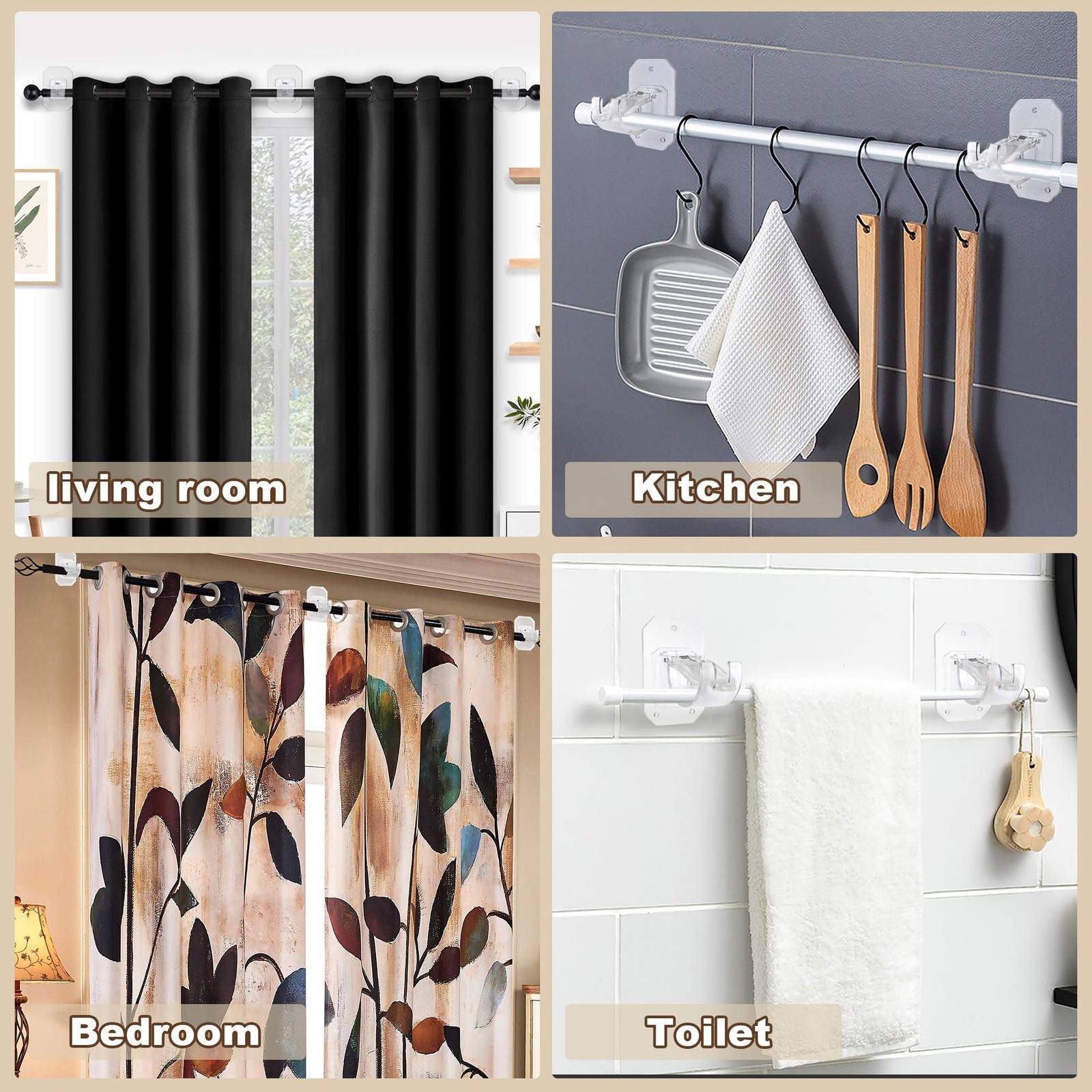 2PCS No Drill Curtain Rod Brackets,Curtain Rod Holders No Drilling,Adhesive C…