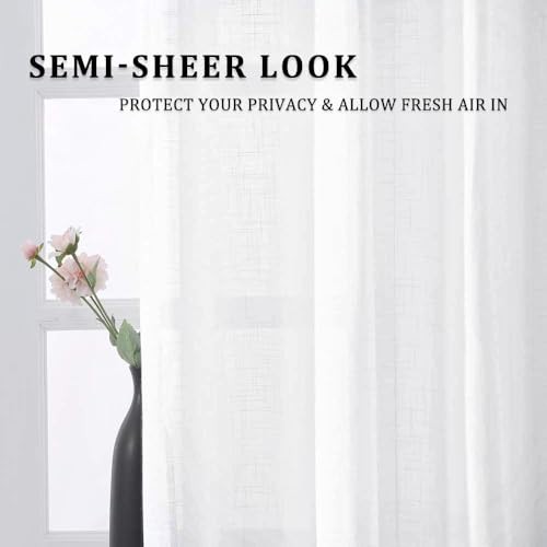 MIULEE 2 Pieces White Semi Sheer Curtains for Front French Door Linen Textured