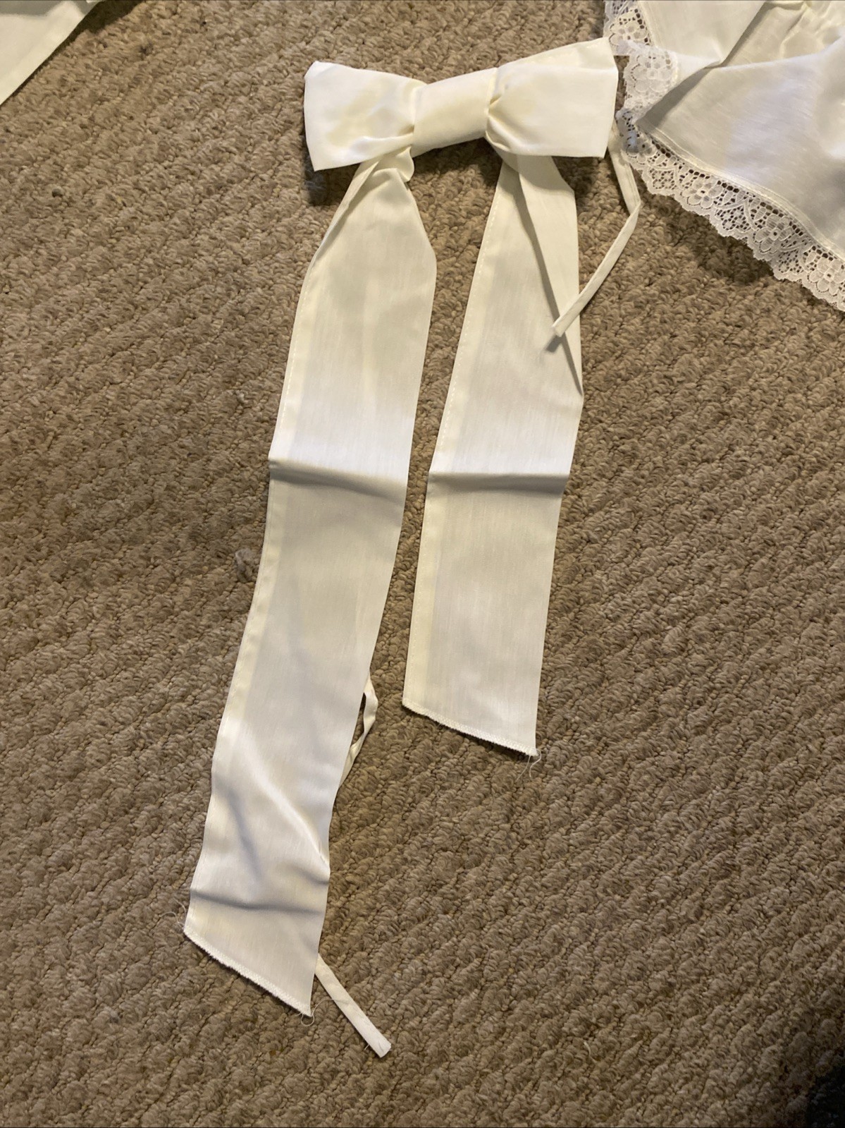 Pair Ivory Ruffled Curtains With Tie Back Bows Lace Trim 65″ Long Beautiful!