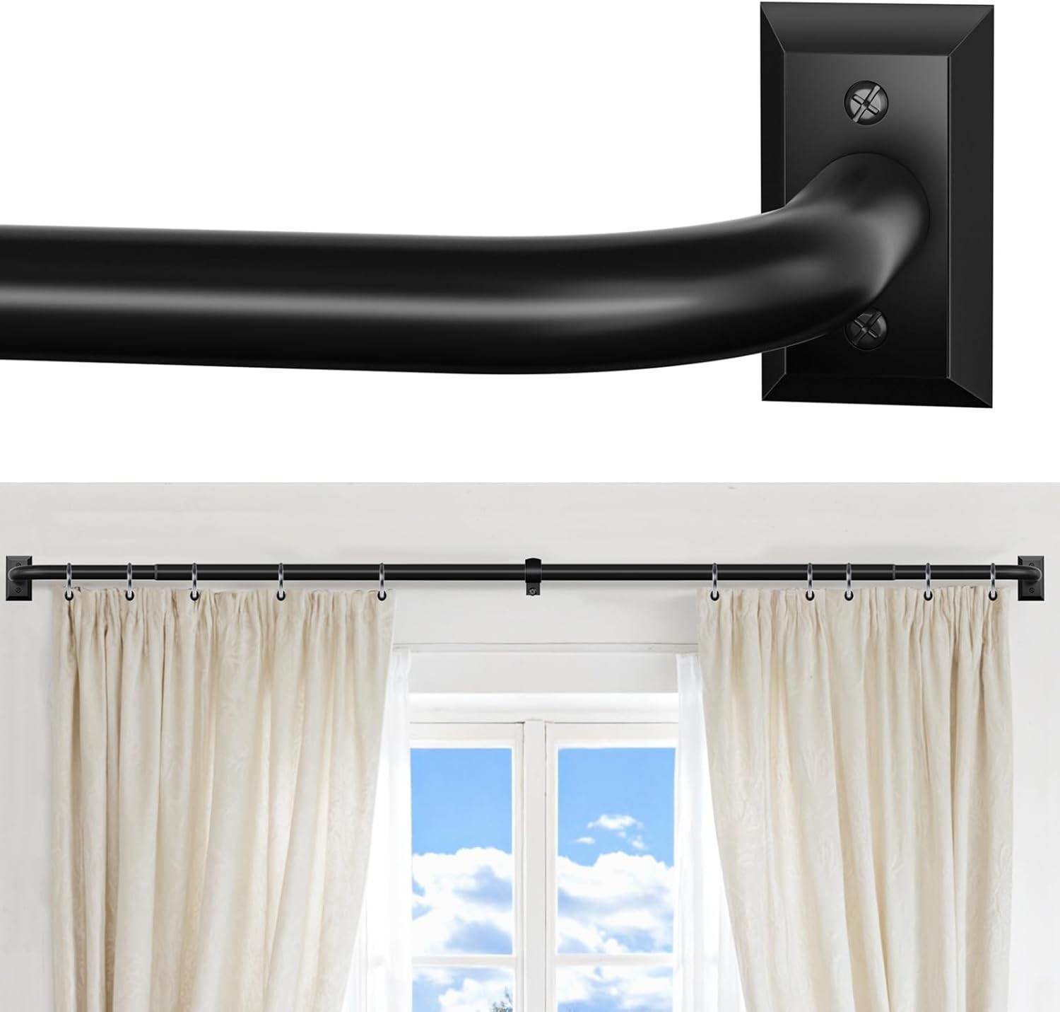 Black Curtain Rod Room Darkening Heavy Duty Modern Blackout Drapery 28-48 Inches