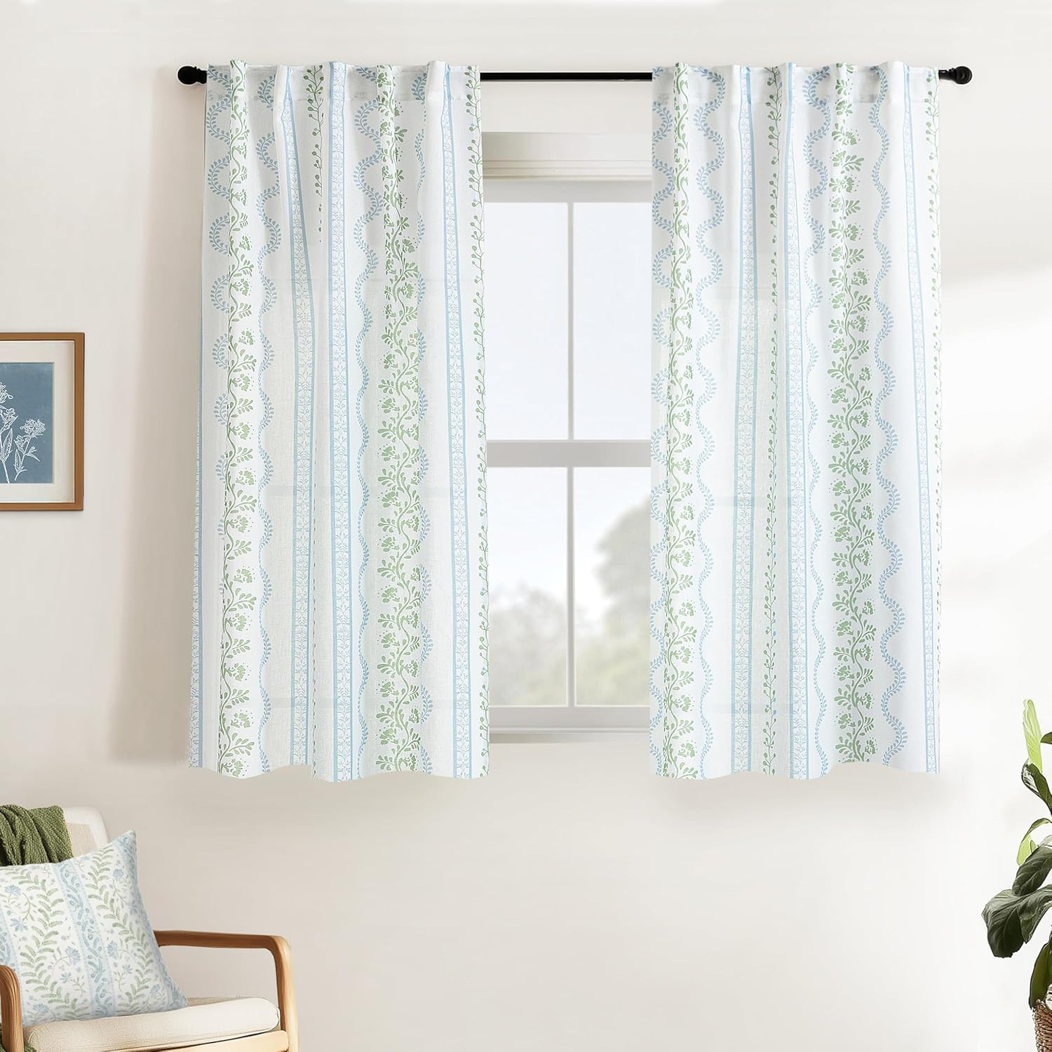 Short Floral Curtains for Kitchen & Bathroom Window, 45 Inch Length Blue Green V