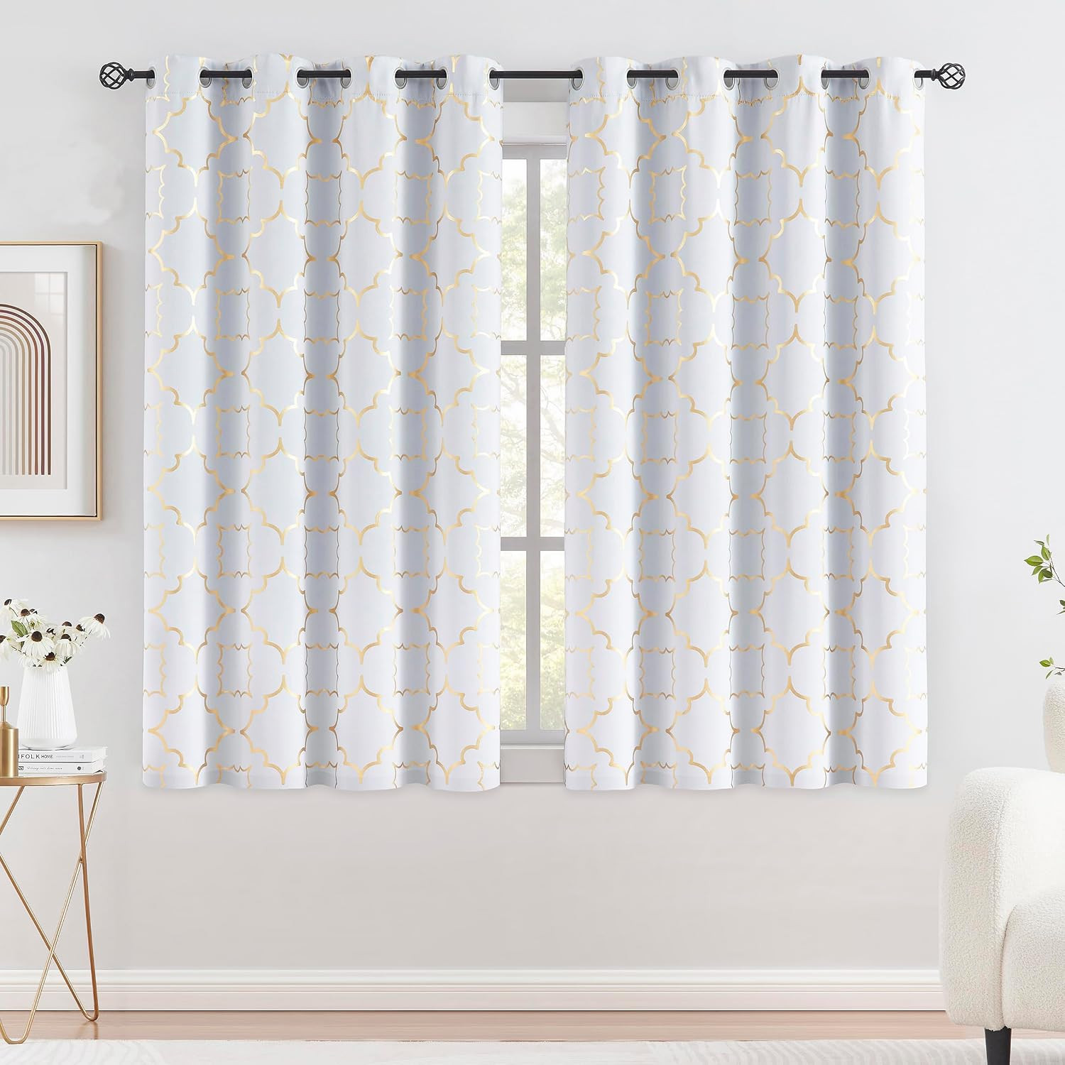 Purainbow White Blackout Curtains for Bedroom Living Room with Gold Foil Print P