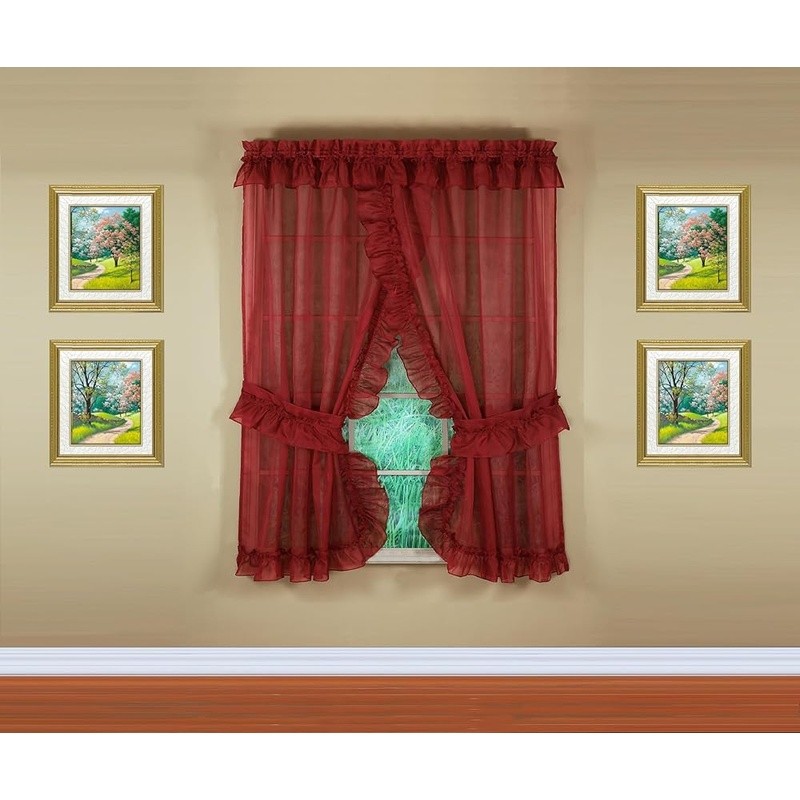 Premium Voile Sheer Ruffled Curtain Set W/ Tiebacks Valance 2 Panels 5 Pieces US