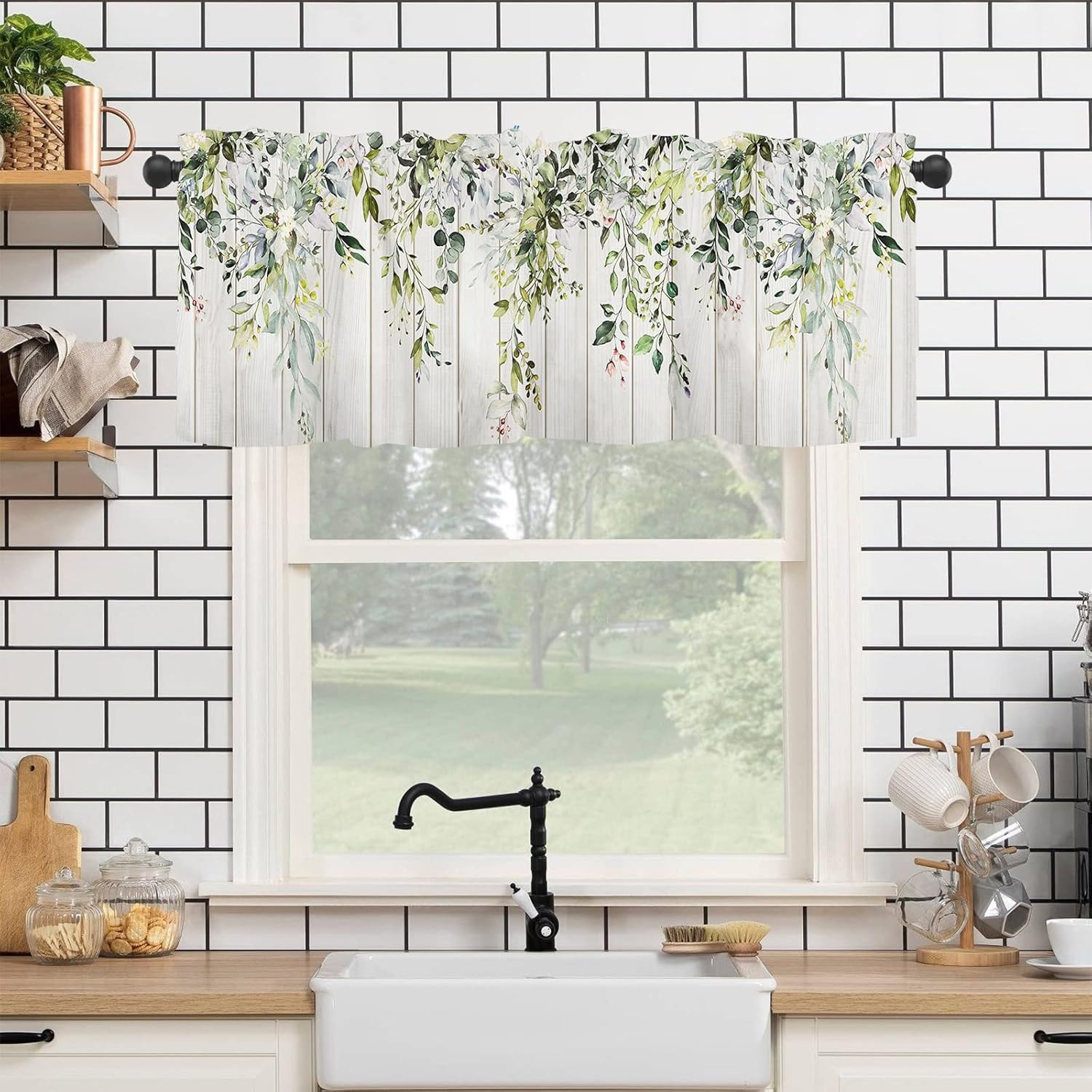Sage Green Leaf Kithen Curtains Valances for Windows Spring Summer Eucalyptus Le