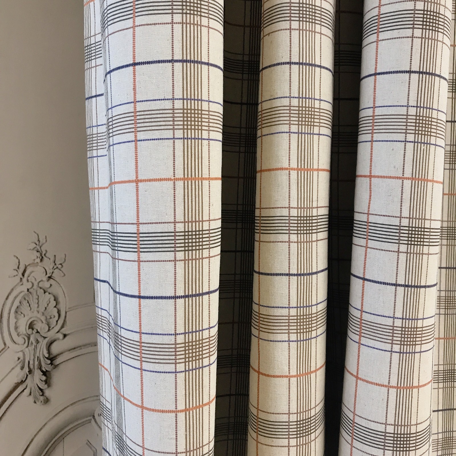Handmade Linen Blend Windowpane Check Curtains Custom Beige Window Drapery Panel