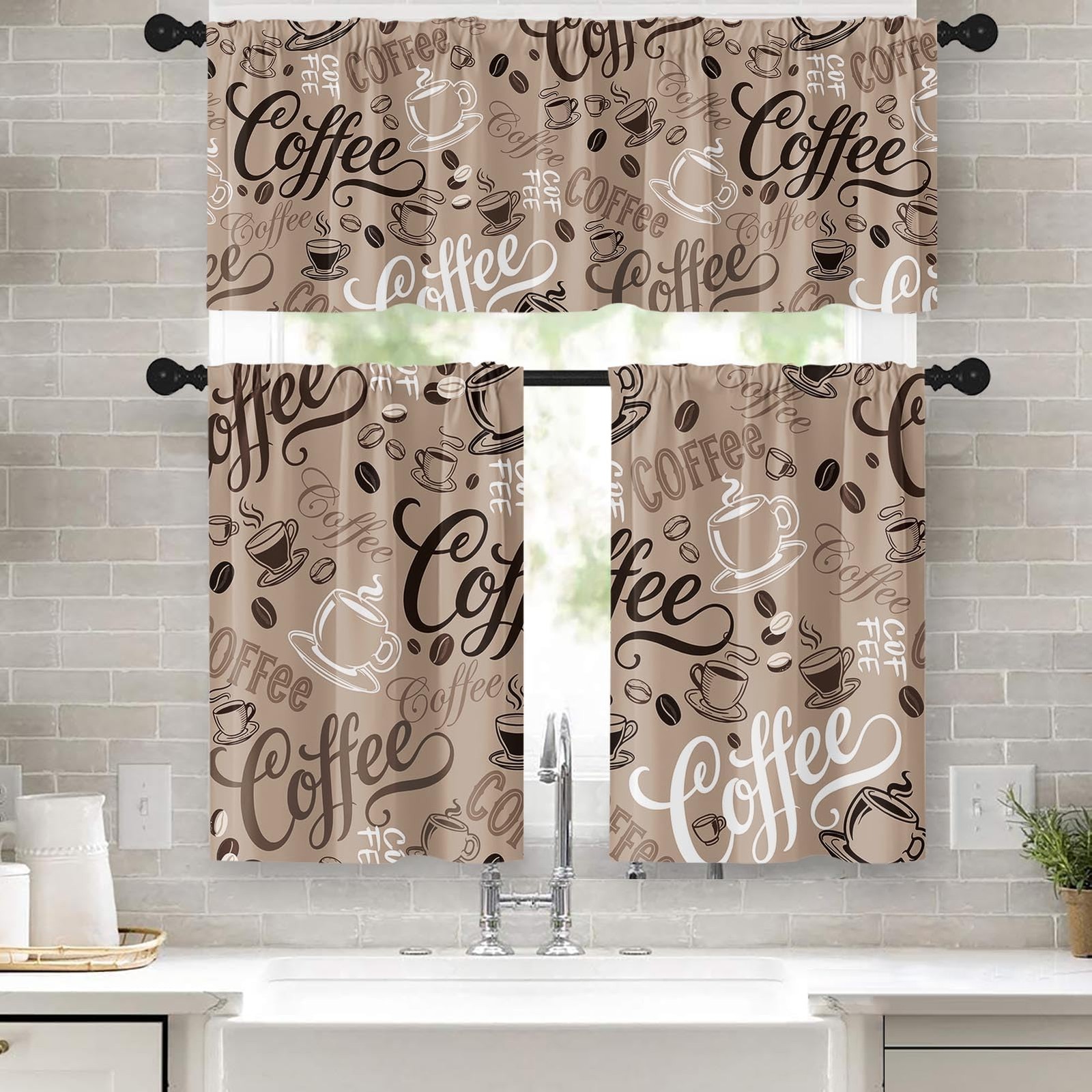 Coffee Kitchen Window Curtains Valance and Tier Set 36 Inch, Brown Farmhouse …