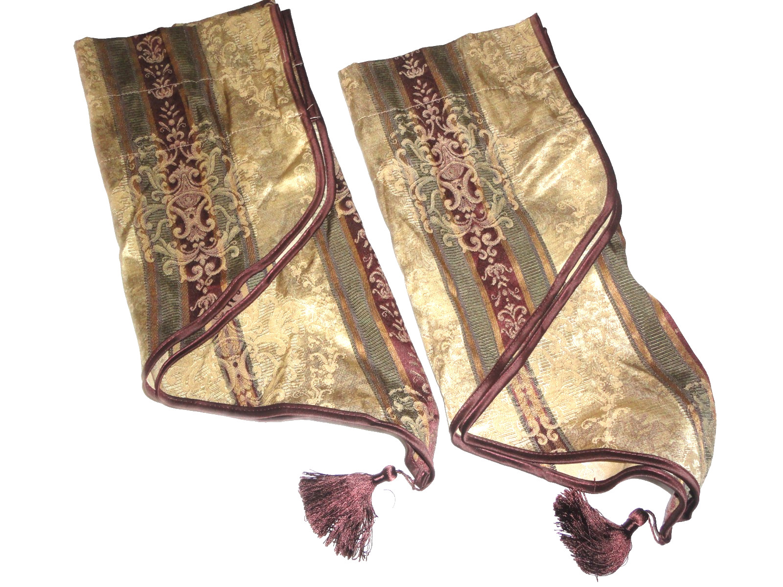 CROSCILL TOWNHOUSE GREEN GOLD BURGUNDY FLEUR STRIPE (2) ASCOT VALANCES 40 X 23