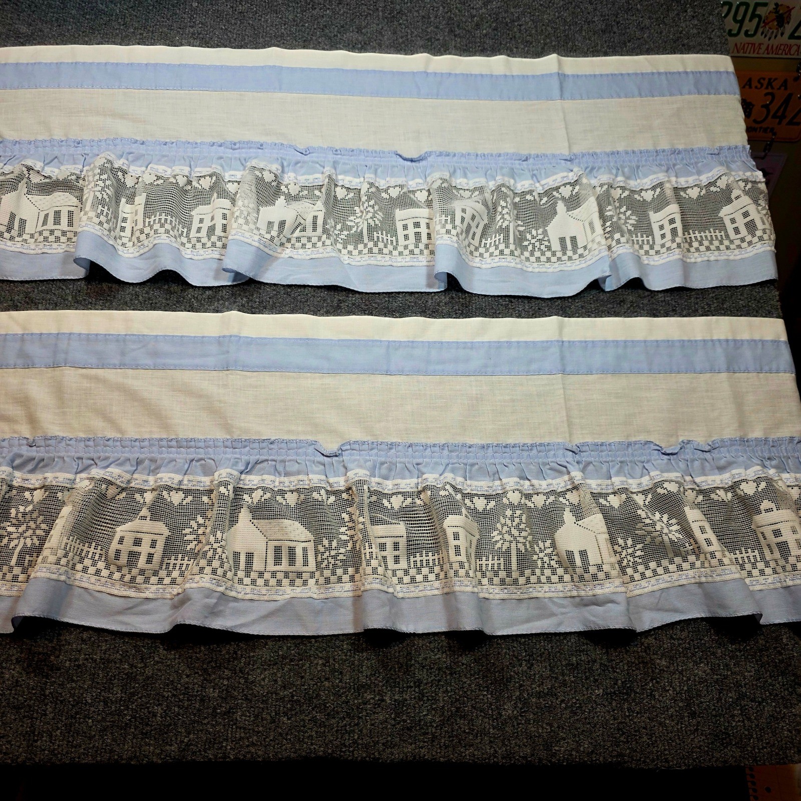 Vintage Blue White Village Scene Lace Ruffle Tier Curtains Set of 2 Valance USA