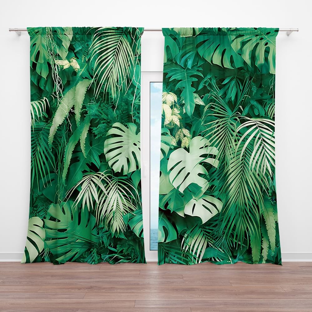 Tropical Palm Leaf Green Summer Window Curtains 82×84 Inches 2-Pack Garden