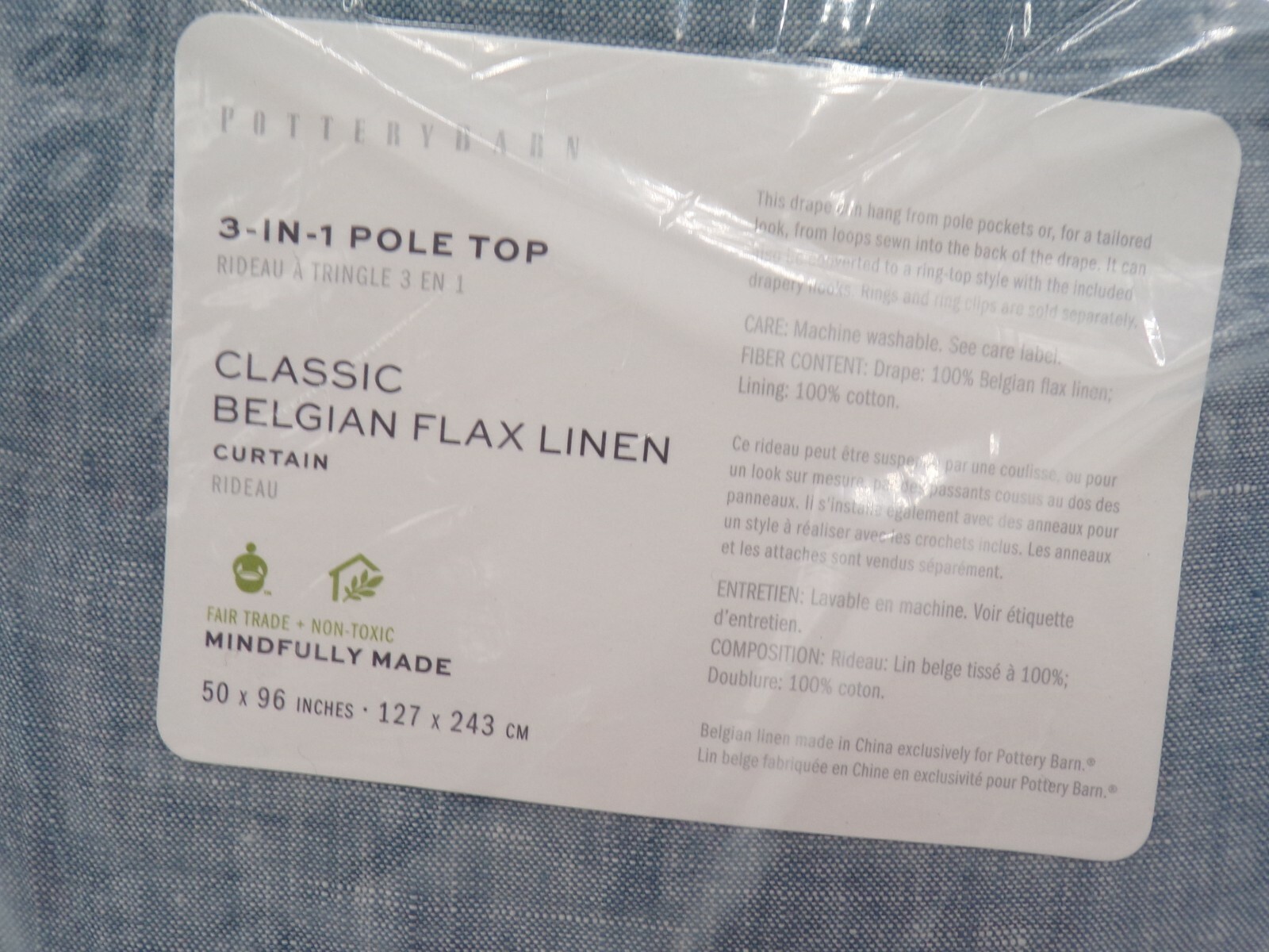 Pottery Barn Classic Belgian Drape Cotton Lined Blue Chambray 50x 96″ A1014
