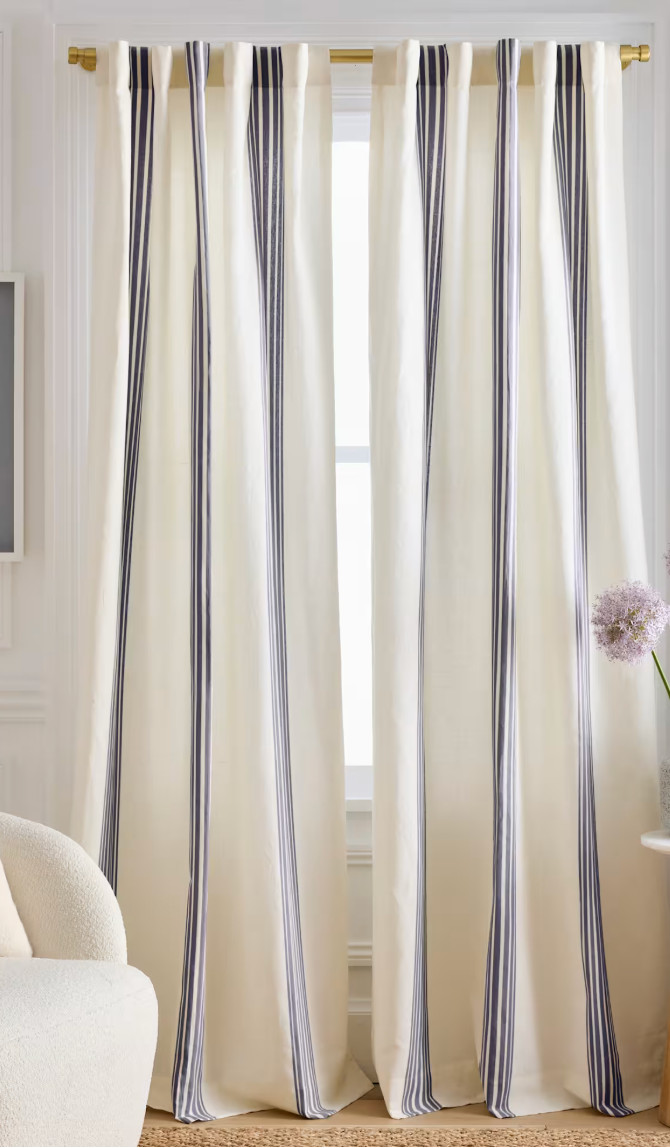 Quince Coastal Stripe Curtain Panel 48×108 Ivory Navy Cotton Linen light filteri