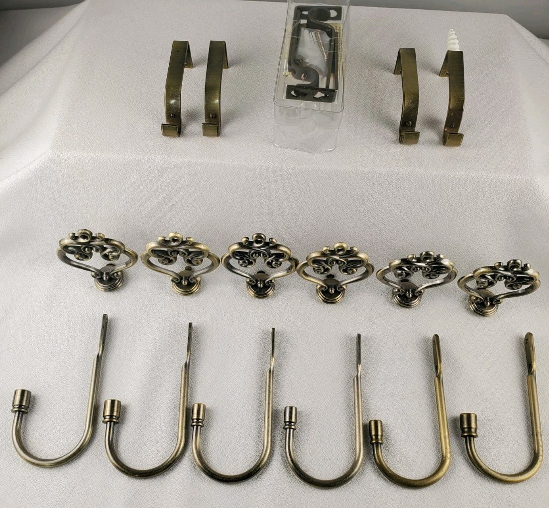 3 Sets Curtain Rod Hardware Scroll Finials, Tieback Hooks, & Brackets Gold-Tone