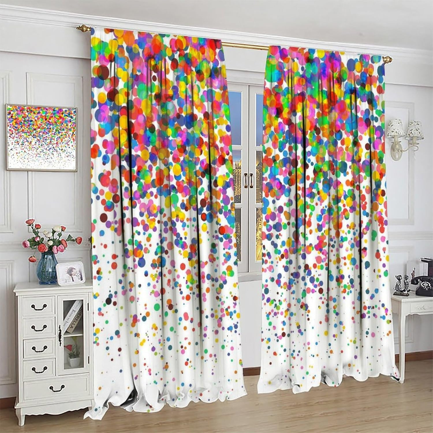 Colorful Polka Dot Curtains, Abstract Geometric Confetti Falling Rainbow Geometr
