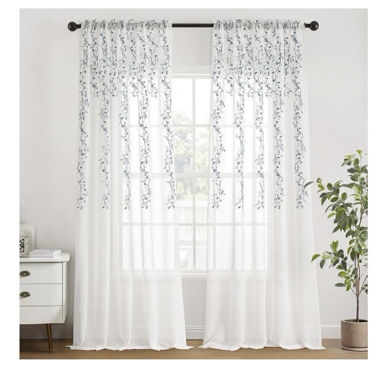 Sheer Curtains Embroidered Floral Vine, 52″W x 96″L (Pack of 2) Blue