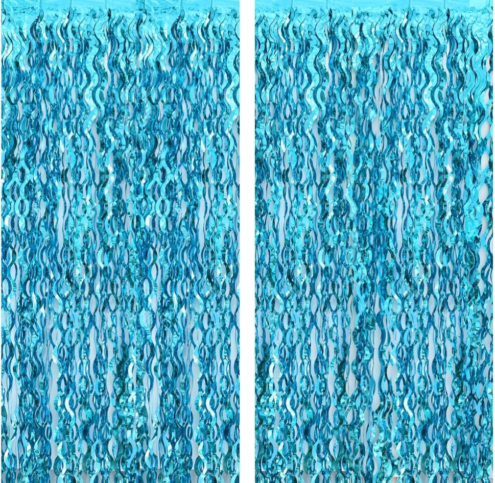 2Pc Blue Foil Fringe Curtain Backdrop Wavy Streamers Party Wall Decor Set Ocean