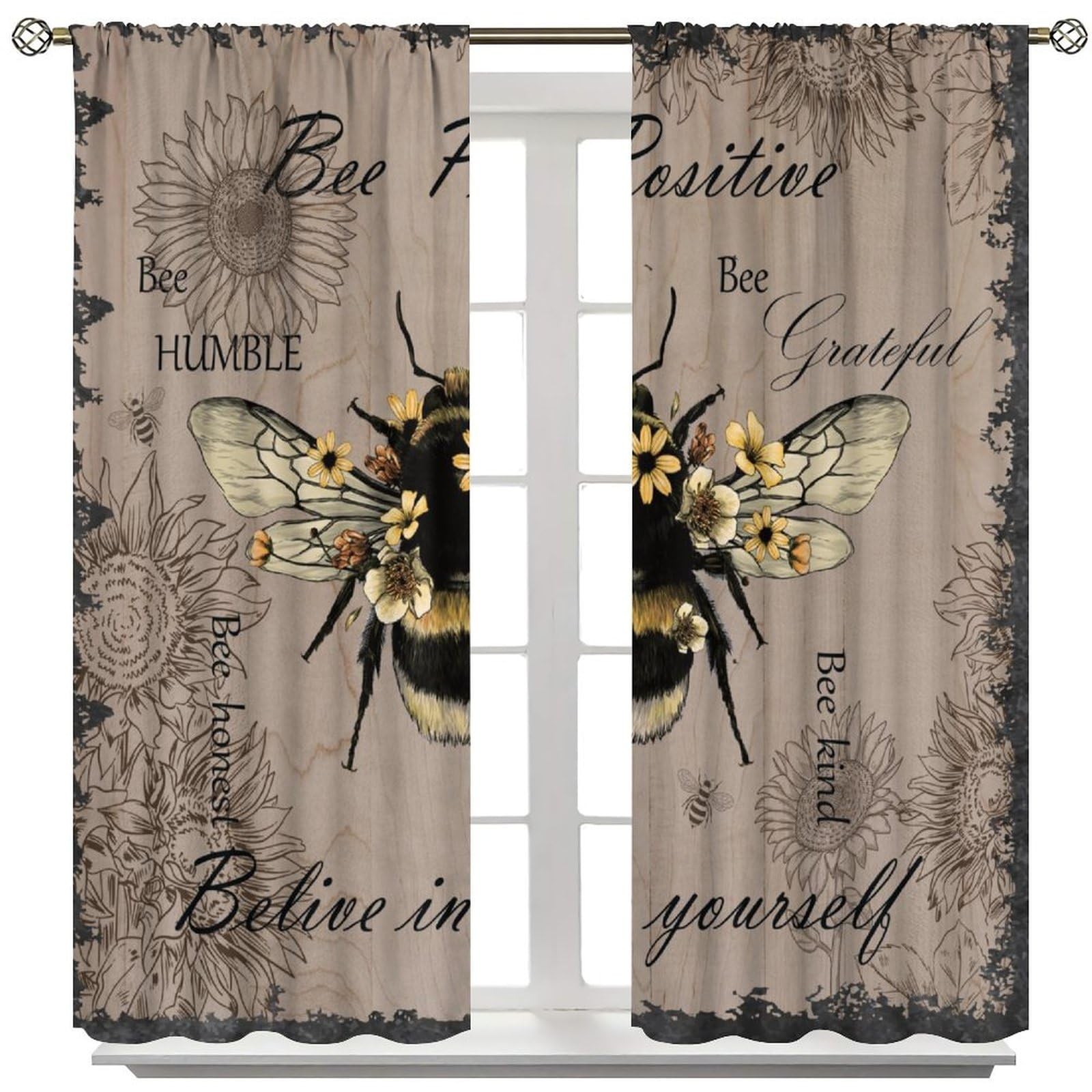 Fblifil Rustic Farmhouse Bee Curtains Daisy Animal Country Positive Vintage I…