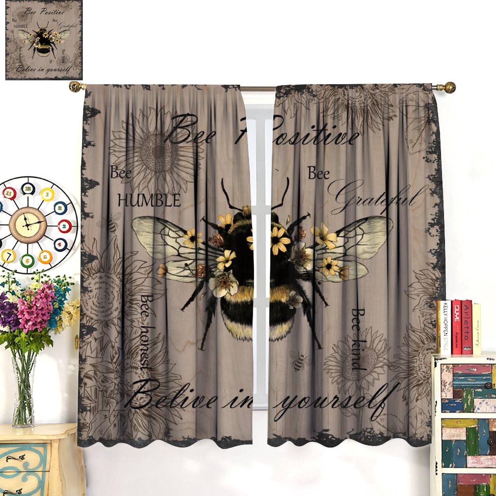 Fblifil Rustic Farmhouse Bee Curtains Daisy Animal Country Positive Vintage I…
