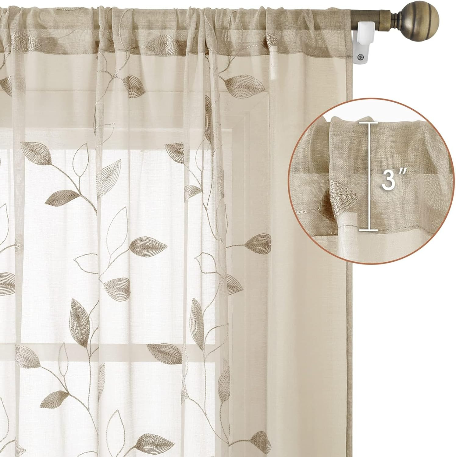 Taupe Sheer Curtains 52 X 63 Inches Length 2 Panels Beige Embroidered Leaf Patte