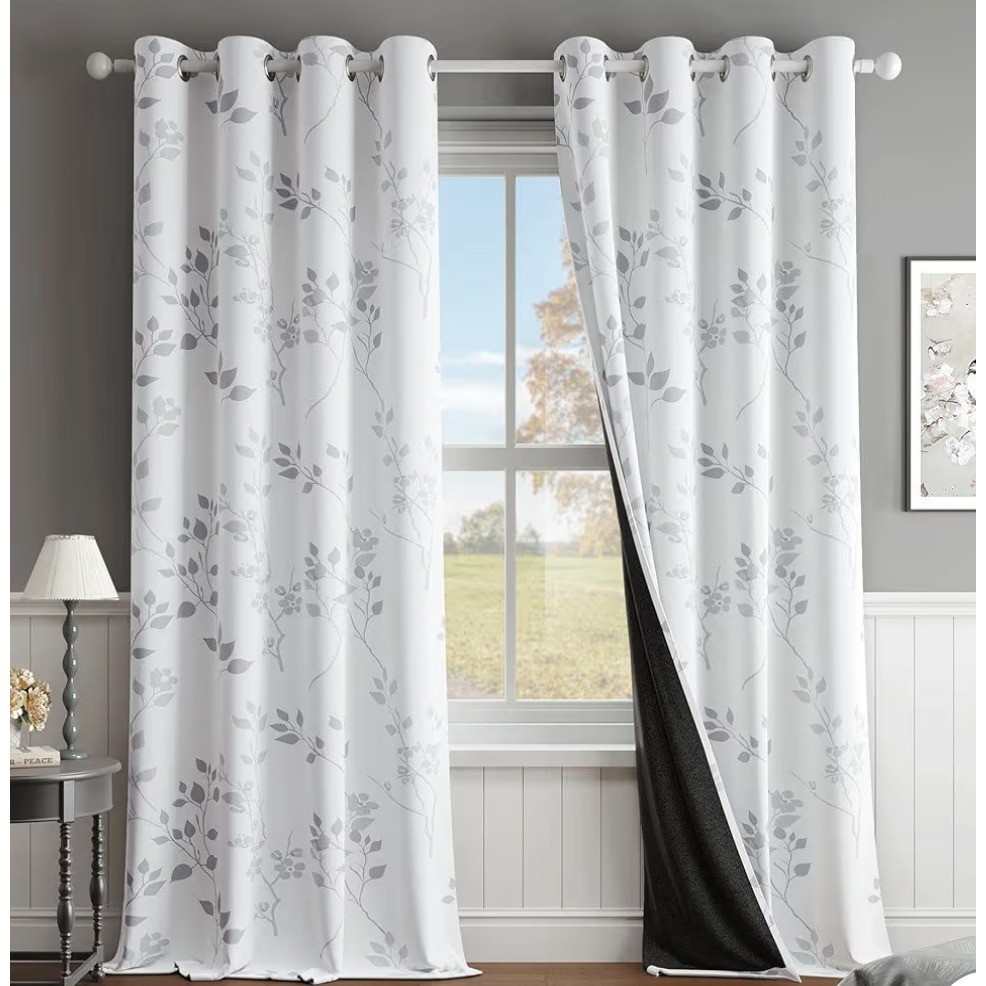 52in x 84in White Gray Floral Leaf Print Grommet Top Blackout Curtains 2 Panels