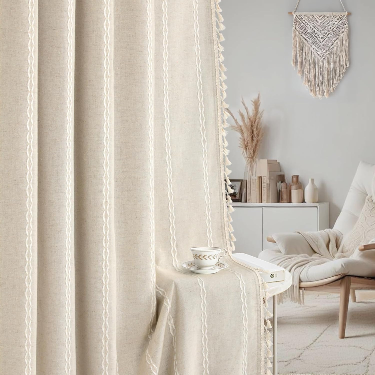 Boho Blackout Curtains 2 Panels 84 Inch for Living Room Bedroom, Beige Linen Tex