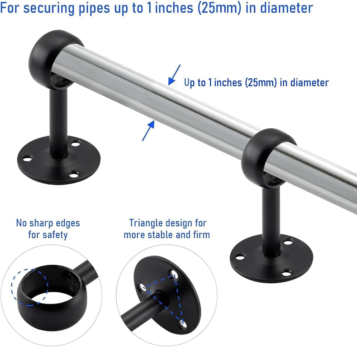 4 PCS Black Heavy Duty Stainless Steel Ceiling Mount Curtain Rod Brackets 1 In