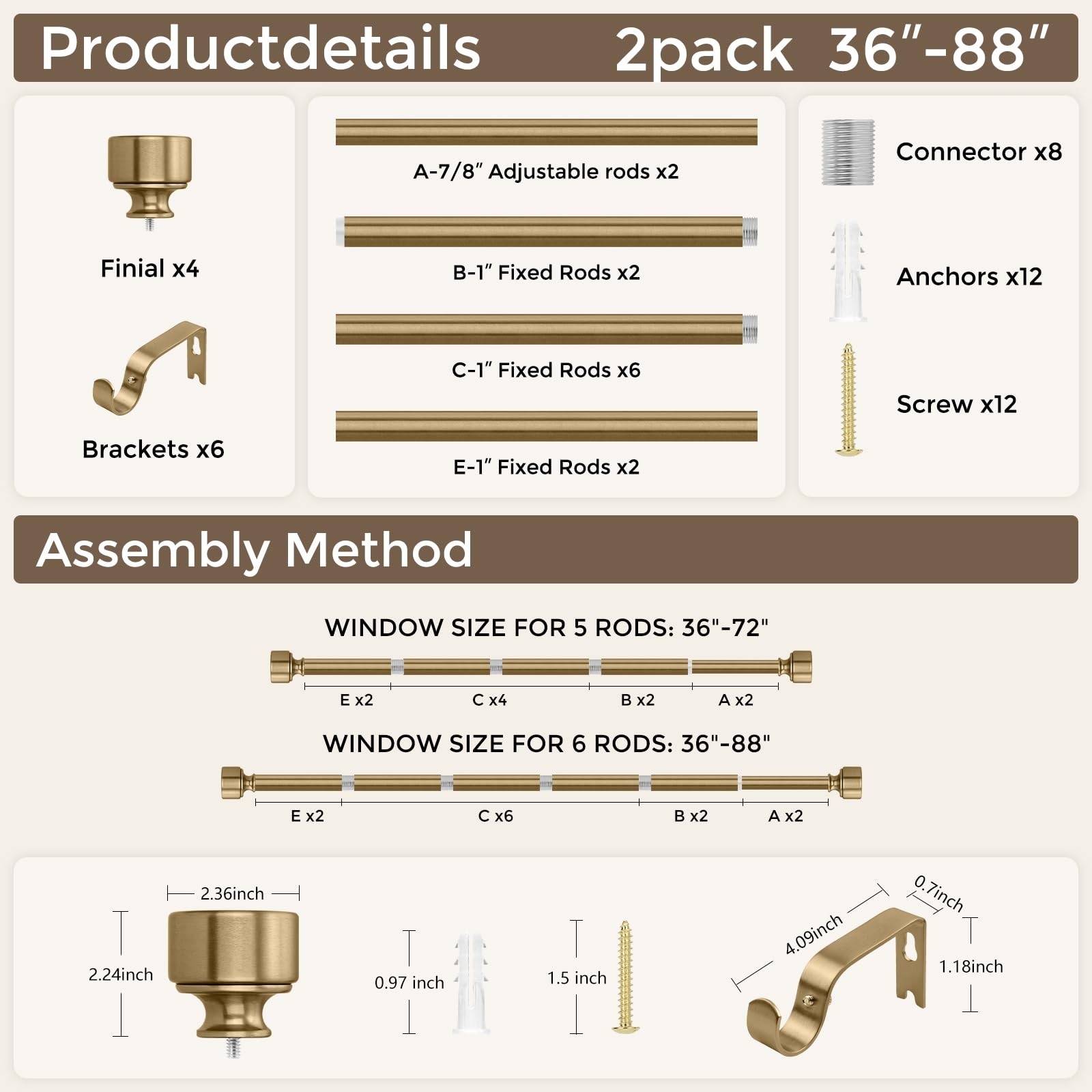 2 Pack Warm Gold Curtain Rods for Windows 48 to 84 Inch, Heavy Duty Brass Cur…