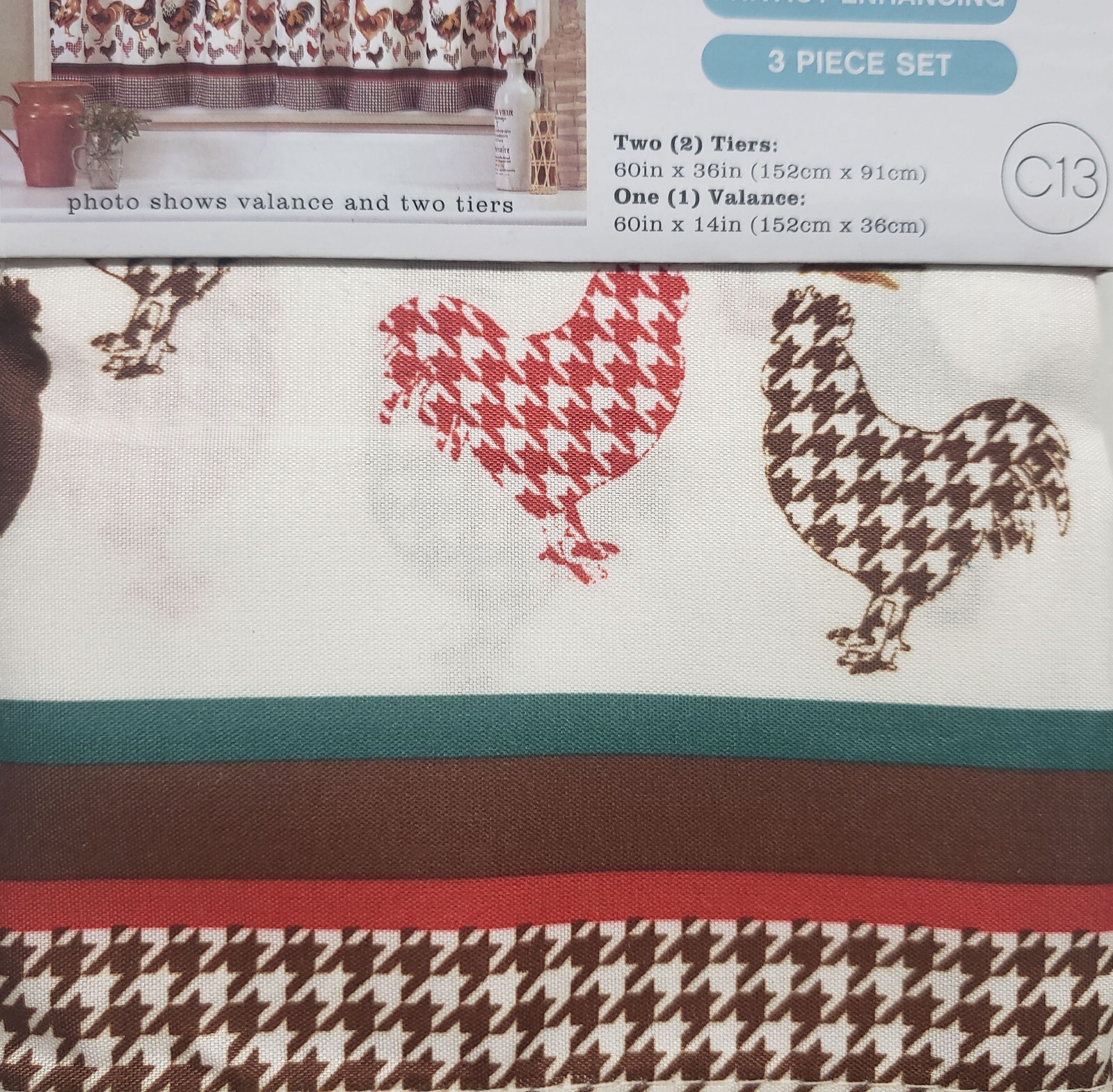 3pc. Rod Pocket Curtains Set(2 Tiers & Valance 60″x14″)DIFFERENT ROOSTERS,C13,MB