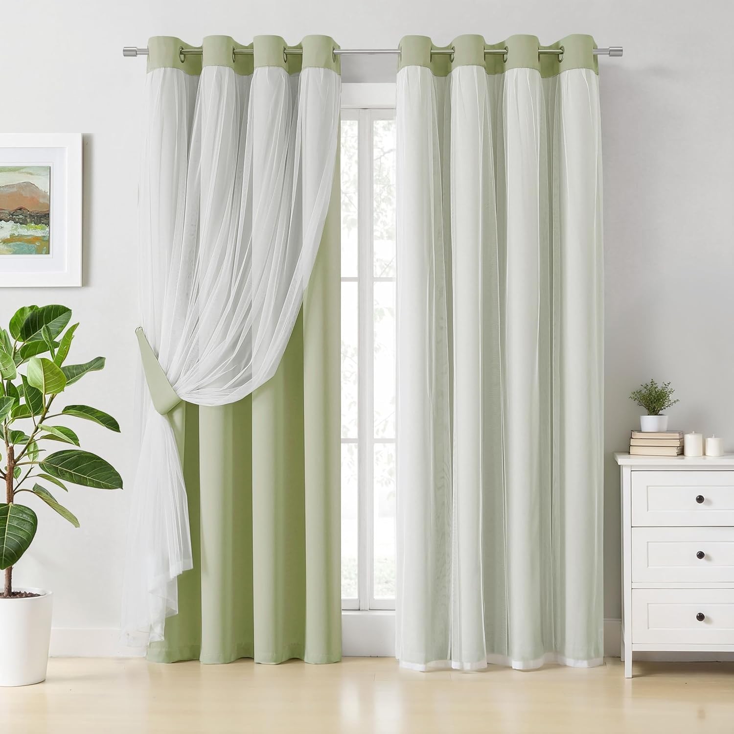 Beige 80% Blackout Curtains W/ Sheer Overlay Mix & Match Double Layer Thermal