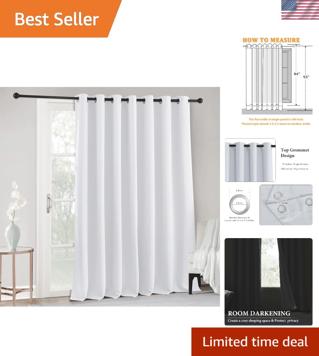 Thermal Insulated Room Darkening Curtain for Large Windows – 100″W x 95″L