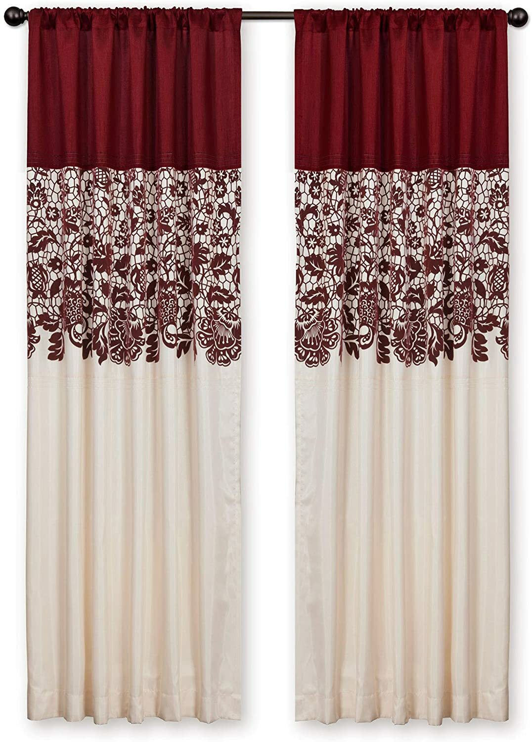 Set 2 Burgundy Cream Floral Border Window Curtains Panels Drapes Pair 84 inch L