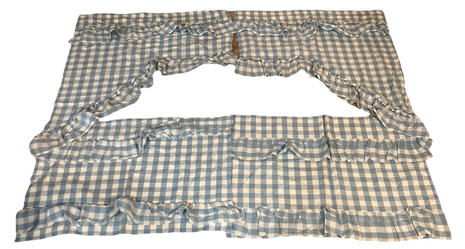 VHC Brands April & Olive Ruffled Gingham Blue Valance Curtains *TWO SETS* ~ EUC