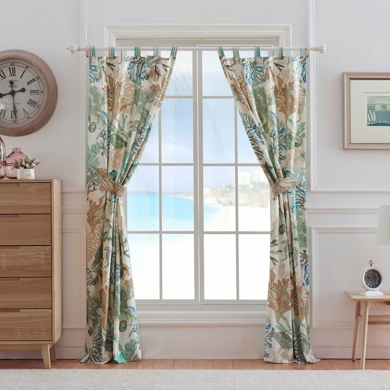 Set 2 Green Coastal Beach Coral Window Curtains Panels Drapes 84 in L Darkening