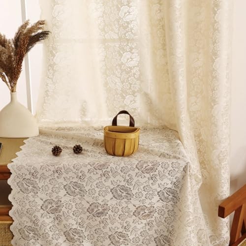Scalloped Floral Lace Curtains- Vintage Semi 52″W x 96″L (Pack of 2) Beige