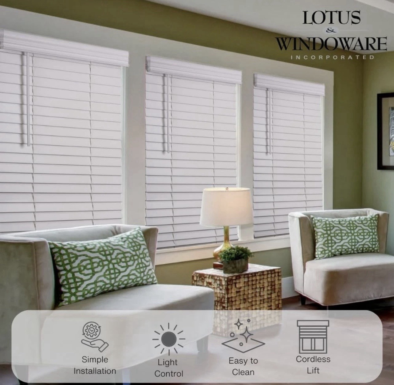 Lotus & Windoware Cordless 2 Inches Faux Wood Blind, 35’’ Wide x 60″ Long, White