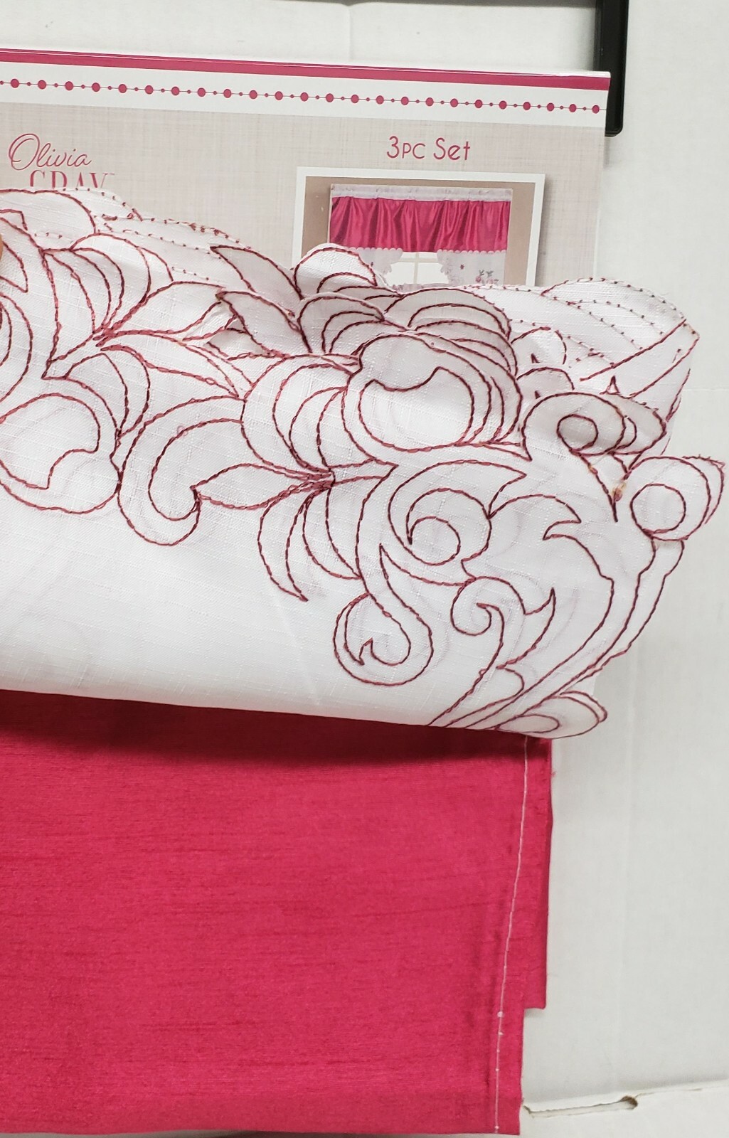 3pc. Embroidered Curtains Set: 2 Tiers & Swag (60″x36″) VIVID ROSE FLOWERS,OG,RT