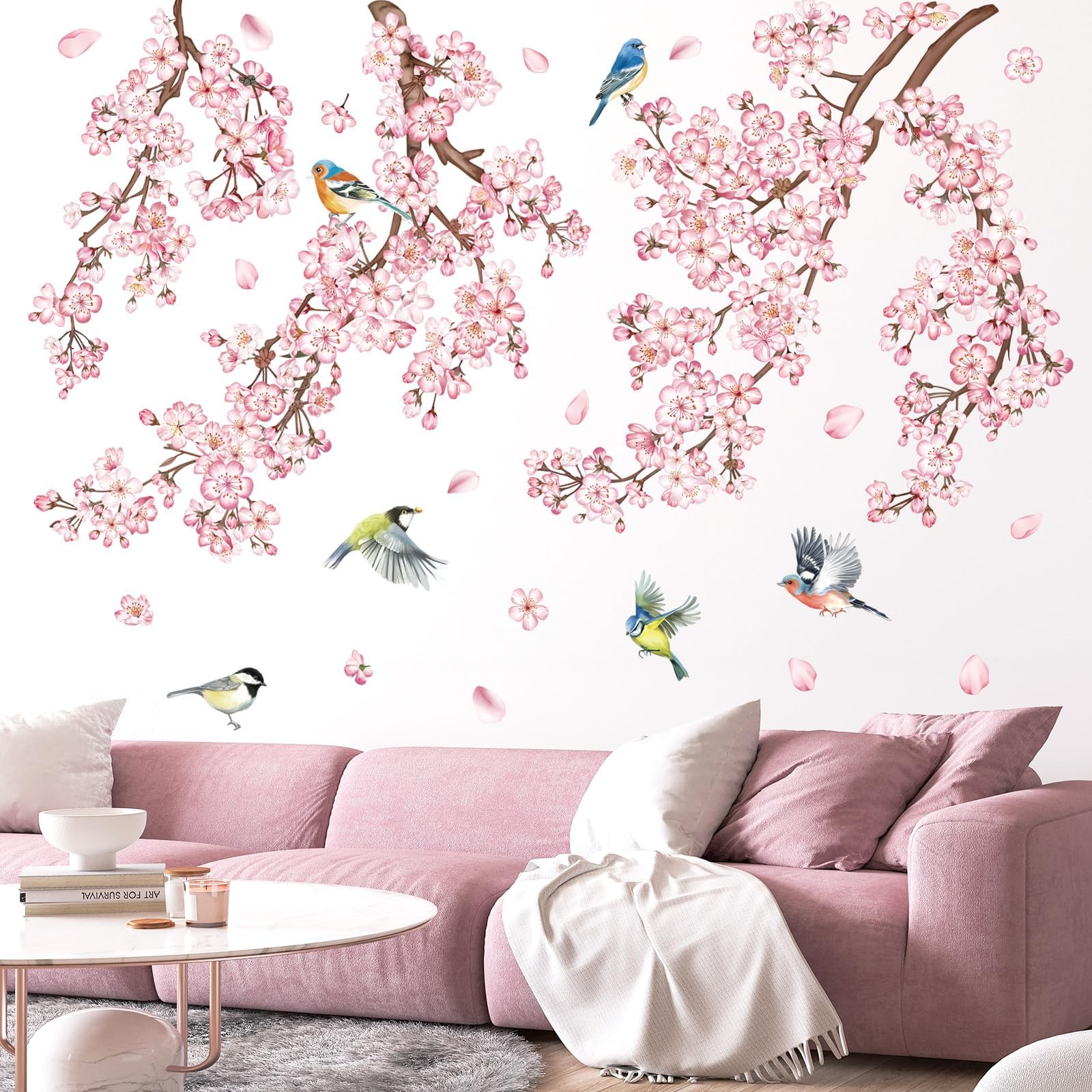 decalmile Large Cherry Blossom Tree Branch Wall Decals Pink Flower Vine