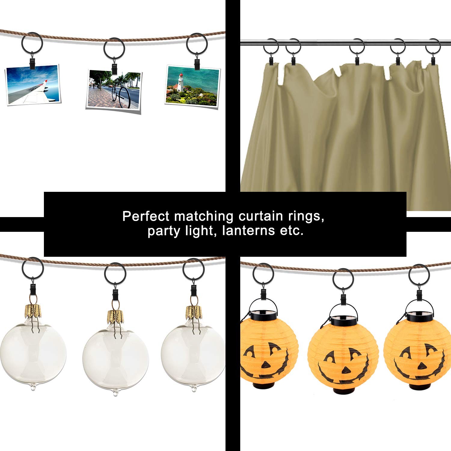 Coideal Large Curtain Rings with Clips, 10 Pack 2.5 Inch XL 55 mm, Black